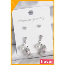 Havor Zirkon Taşlı Damla Küpe Seti 3 Çift Pirinç Malzeme
