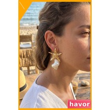 Havor Doğal Deniz Kabuğu Yıldız Model Kadın Küpe Pirinç Altın Renk