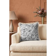 Hanna Home Dekoratif Kırlent Kılıfı Krem Beyaz Çiçek Desenli Saçaklı Kırlent Ev Dekorasyonu 43X43 cm