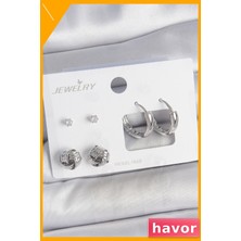 Havor Zirkon Taşlı Pirinç Kadın Küpe Seti 3 Çift