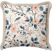 Hanna Home Saçaklı Saçaklı Kırlent Kırlent Kılıfı Kuşlu Çiçek Desenli Kırlent Kılıfı Ev Dekorasyonu 43X43 cm