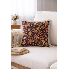 Hanna Home Dekoratif Kırlent Kılıfı Botanik Floral Desenli Kanepe Dekorasyonu Saçaklı Saçaklı Kırlent 43X43 cm