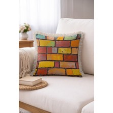 Hanna Home Saçaklı Kırlent Kılıfı Renkli Tuğla Desenli Salon Koltuk Yastığı Saçaklı Kırlent Kılıfı 43X43 cm