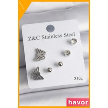 Havor Zirkon Taşlı Kelebek Tasarım Kararmaz Çelik Küpe Seti