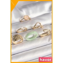 Havor Pembe Mineli Zirkon Taşlı 6'lı Kadın Yüzük Seti Pirinç Malzeme