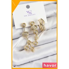Havor Geometrik Desenli Pirinç Zirkon Taşlı 3'lü Kadın Küpe Seti