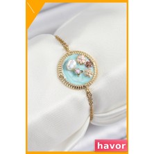 Havor Turkuaz Mineli Çiçek Desenli Çelik Kadın Bilekliği
