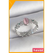 Havor Ayarlanabilir Kadın Yüzüğü Zirkon Taş Detaylı Pembe Mine