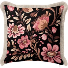 Hanna Home Kırlent Kılıfı Siyah Pembe Çiçek Desenli Saçaklı Kırlent Kılıfı Saçaklı Kırlent Yatak Odası Dekoru 43X43 cm