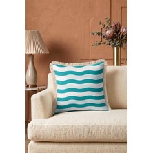 Hanna Home Krem Beyaz Dalgalı Turkuaz Beyaz Dekoratif Kırlent Kılıfı Saçaklı Kırlent Oturma Odası Kırlenti 43X43 cm