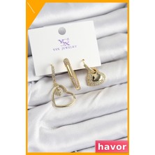 Havor Pirinç Kalp Şekilli Zirkon Taşlı 3'lü Küpe Seti