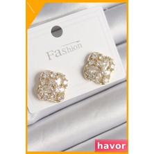 Havor Pirinç Yonca Desenli Zirkon Taşlı Kadın Küpesi