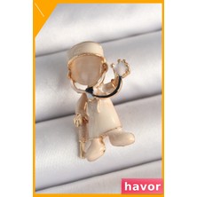Havor Beyaz Mineli Kadın Broş Pirinç Malzeme