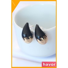 Havor Siyah Mineli Damla Desenli Pirinç Küpe