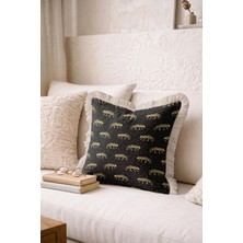 Hanna Home Dekoratif Kırlent Kılıfı Leopar Desenli Siyah Altın Koltuk Takımı Aksesuarı Saçaklı Saçaklı Kırlent 43X43 cm
