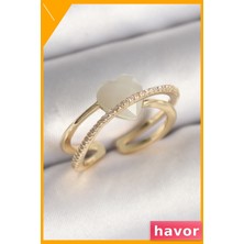 Havor Ayarlanabilir Pirinç Yüzük Kristal Kalp Detaylı