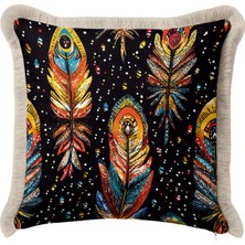 Hanna Home Saçaklı Kırlent Kılıfı Renkli Tüy Desenli Kırlent Kılıfı Oturma Odası Kırlenti 43X43 cm
