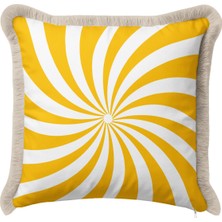 Hanna Home Saçaklı Kırlent Kılıfı Krem Beyaz Sarı Beyaz Spiral Desenli Dekoratif Yastık Kılıfı Salon Koltuk Yastığı 43X43 cm