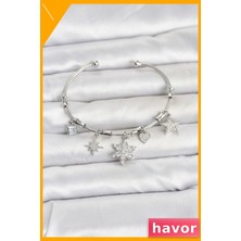 Havor Lotus Detaylı Pirinç Bileklik Gümüş Renk Zirkon Taşlı Kadın Takı