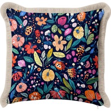 Hanna Home Saçaklı Kırlent Kılıfı Botanik Floral Desenli Dekoratif Yastık Kılıfı Oturma Odası Kırlenti 43X43 cm