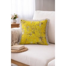 Hanna Home Saçaklı Kırlent Kılıfı Yastık Kılıfı Sarı Mermer Desenli Yastık Kılıfı Yatak Odası Dekoru 43X43 cm