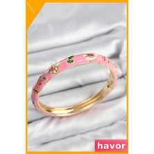 Havor Pembe Çiçek Motifli Kadın Kelepçe Pirinç Malzeme