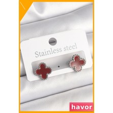 Havor Pirinç Yonca Desenli Kadın Küpe Bordo Gümüş Renk