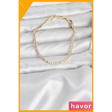Havor Pembe ve Beyaz Zirkon Taşlı Altın Renkli Kadın Bilekliği