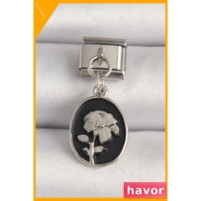 Havor Gümüş Çiçek Desenli Siyah Portre Bileklik Kararmaz Çelik