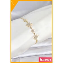 Havor Gold Renk Pirinç Zirkon Taşlı Kutup Yıldızı Model Asansörlü Kadın Bileklik