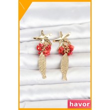Havor Kırmızı Taşlı Deniz Yıldızı ve Balık Detaylı Gold Küpe