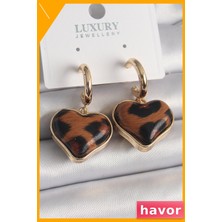 Havor 3D Kalp Desenli Leopar Baskı Kadın Küpe Pirinç Malzeme