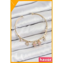 Havor Pirinç Zirkon Taşlı Pembe Kalp Charm Bileklik Gold Renk