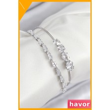 Havor Zirkon Taşlı Pirinç Bileklik Su Yolu Desenli Gümüş Rengi