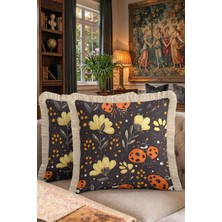Hanna Home Saçaklı Saçaklı Kırlent Botanik Floral Desenli Dekoratif Kırlent Kılıfı Salon Koltuk Yastığı 43X43 cm