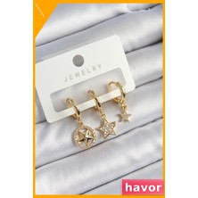 Havor Zirkon Taşlı Yıldız Desenli 3'lü Küpe Seti Altın Kaplama