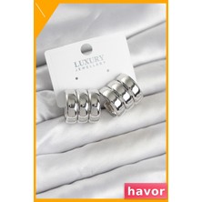 Havor Pirinç Gümüş Renk Üçlü Görünüm Kadın Küpe
