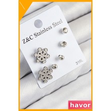 Havor Kar Tanesi Desenli Zirkon Taşlı Gümüş Rengi Kadın Küpe Seti