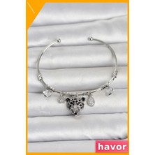 Havor Leopar Desenli Charmlı Pirinç Kadın Bileklik Gümüş Renk