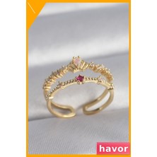 Havor Zirkon Taşlı Pirinç Kadın Yüzüğü Taç Desenli