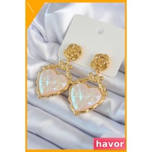 Havor Pirinç Gül Desenli Kalp Şekilli Kadın Küpe