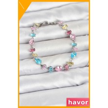 Havor Karışık Renkli Zirkon Taşlı Baget ve Damla Kesim Gümüş Renk Bileklik