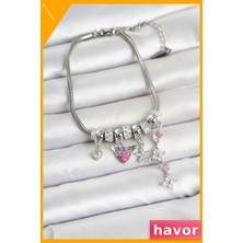 Havor Kalp ve Çiçek Desenli Pirinç Kadın Bileklik Gümüş Renk