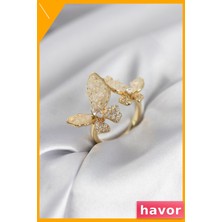 Havor Ayarlanabilir Pirinç Yüzük Zirkon Taşlı Kelebek Desen