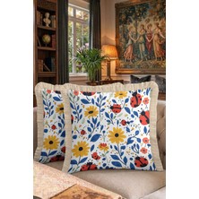 Hanna Home Tropikal Çiçek Desenli Dekoratif Yastık Kılıfı Saçaklı Kırlent Salon Koltuk Yastığı 43X43 cm