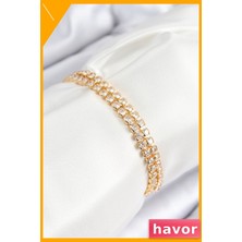 Havor Zirkon Taşlı Pirinç Kadın Bilekliği Çift Sıra Tasarım