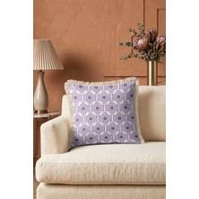 Hanna Home Dekoratif Yastık Kılıfı Lila Mor Özel Desenli Salon Koltuk Yastığı Saçaklı Saçaklı Kırlent 43X43 cm