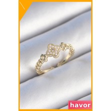Havor Ayarlanabilir Pirinç Yüzük Zirkon Taş Detaylı Yonca Desen
