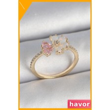 Havor Pembe Zirkon Taşlı Ayarlanabilir Kadın Yüzüğü Altın Renk