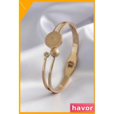 Havor Zirkon Taşlı Kadın Kelepçe Bileklik Kararmaz Çelik